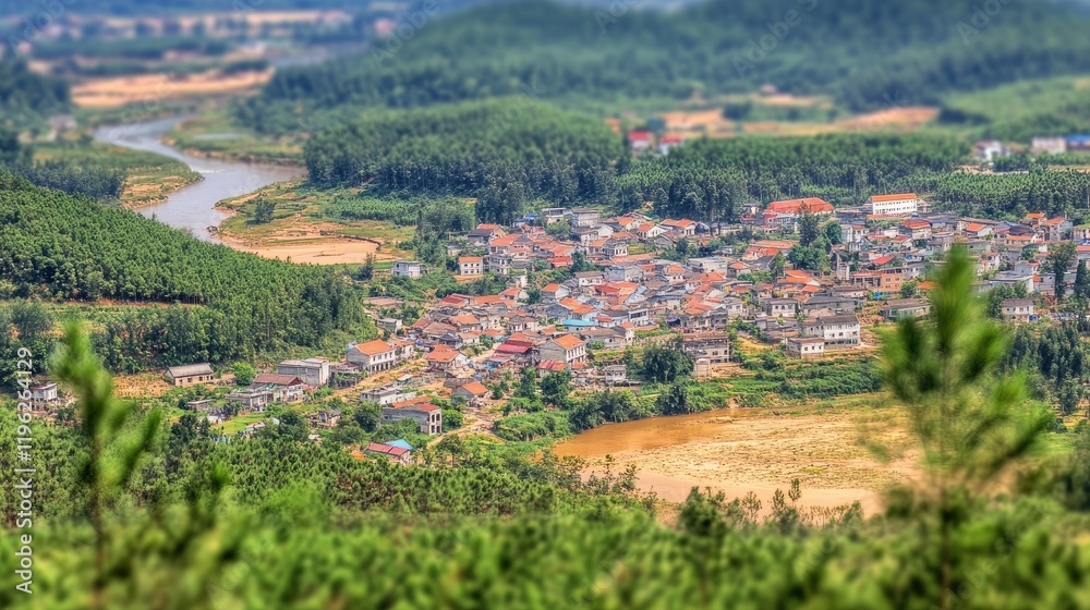 Aerial view of a rural village nestled in a lush green valley, beside a winding river. Aerial view of a rural village nestled in a lush green valley, beside a winding river.