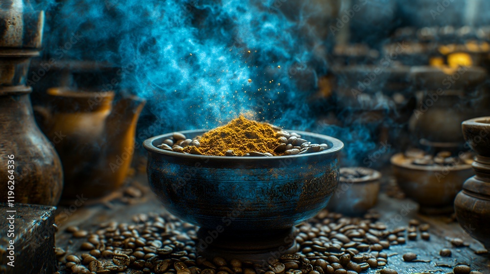 A magical scene of coffee beans and aromatic spices with mystical blue smoke. A magical scene of coffee beans and aromatic spices with mystical blue smoke.