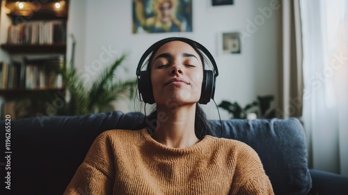 A person sitting in their living room, wearing headphones, and closing their eyes while listening to their favorite song.