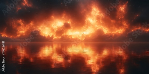 Fiery sunset reflected on calm water.