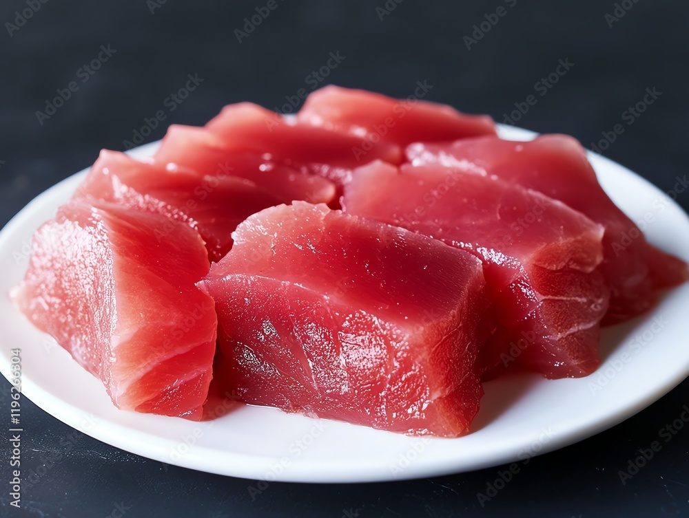 Fresh raw tuna slices on a white plate, perfect for sushi or sashimi dishes. Fresh raw tuna slices on a white plate, perfect for sushi or sashimi dishes.