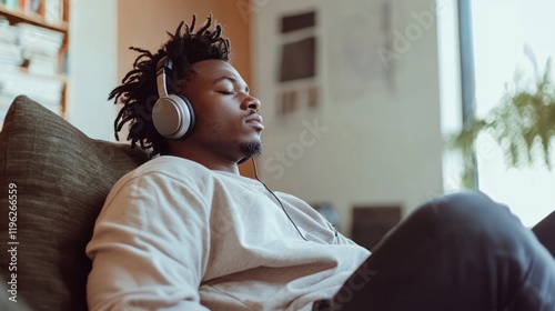 A person sitting on a couch with headphones on, deeply focused while listening to a podcast.