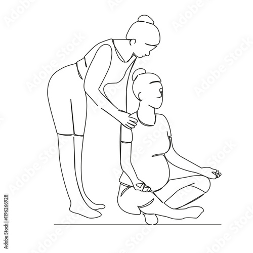 One continuous single drawing line art flat doodle Yoga instructor corrects posture of pregnant woman, practice, relaxation, meditation. Isolated image hand draw contour on a white background, hand dr