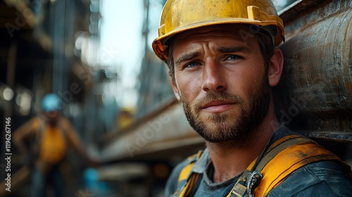 Wallpaper Mural Construction Worker Portrait  close-up portrait of a focused construction worker, his intense gaze meeting the camera, conveying strength, determination, and skill. Torontodigital.ca