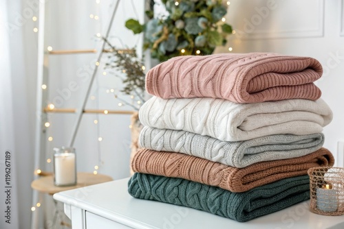 stack of towels on a tabel photo