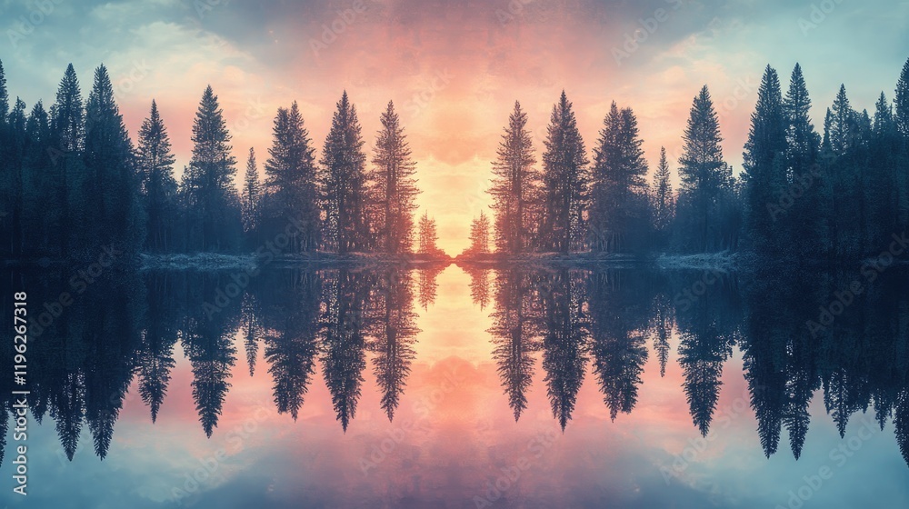 Obraz premium Perfectly aligned trees forming a frame around a tranquil lake reflecting a pastel sunset sky