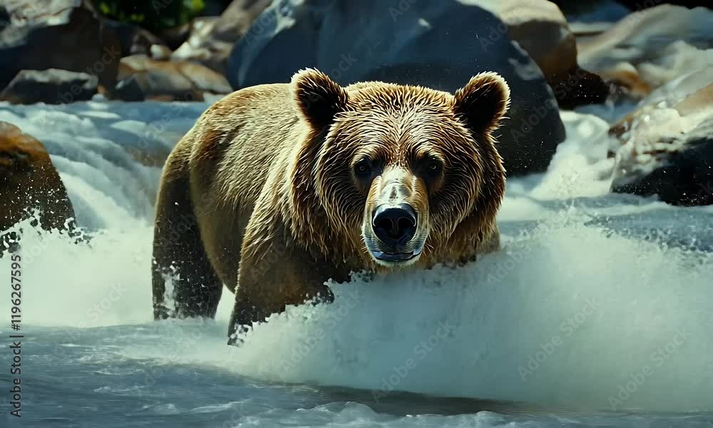 Grizzly Bear Emerging from a Rocky River, Splashing Water Grizzly Bear Emerging from a Rocky River, Splashing Water