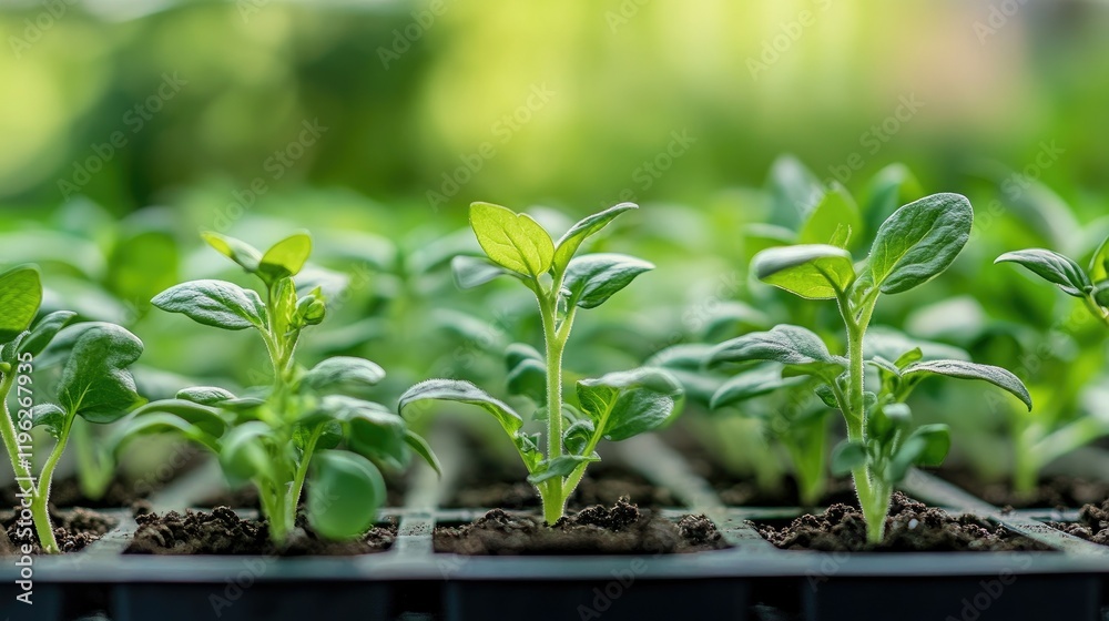 Sequence of plants from seedling to full bloom, vibrant soil and blurred green background Sequence of plants from seedling to full bloom, vibrant soil and blurred green background