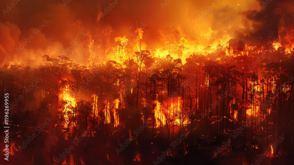 Fototapeta premium Intense Forest Fire Engulfing Trees in Blazing Flames and Heatwaves
