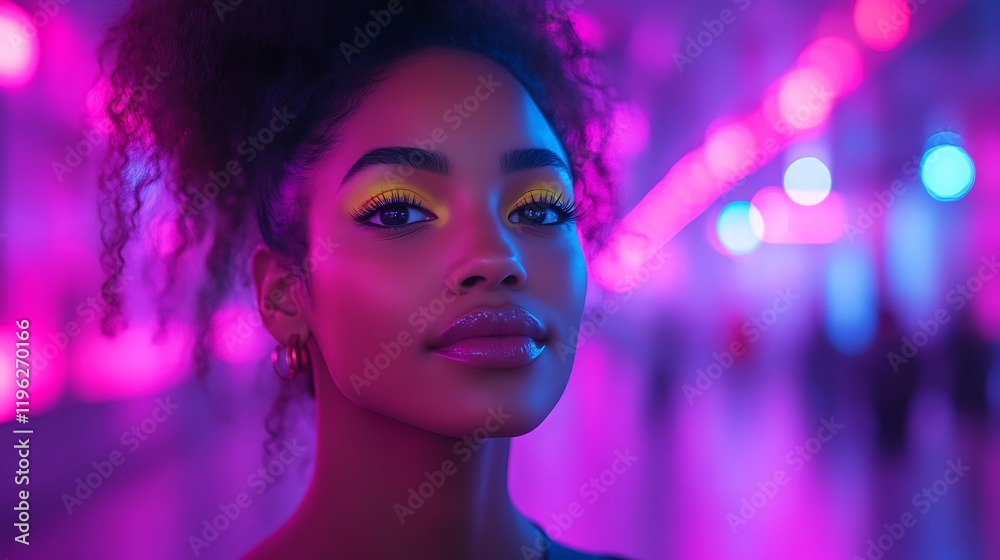 Young woman with vibrant makeup in neon lights.