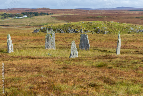 Scotland, Hebrides. Isle of Lewis, Callanish. Callanish (Calanais) Stones. Neolithic era standing stones. Moorland. photo