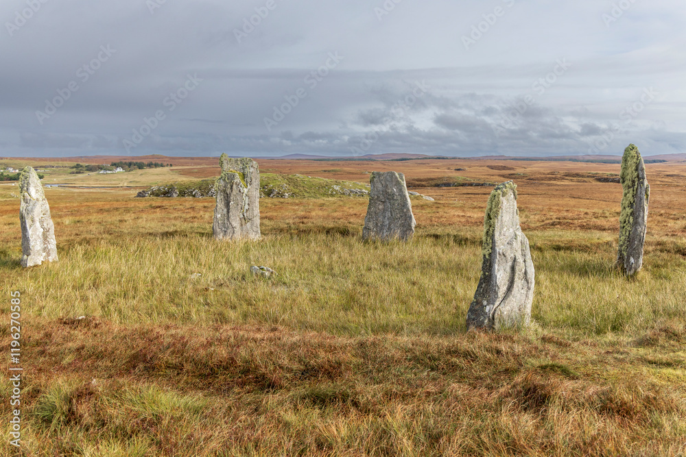Scotland, Hebrides. Isle of Lewis, Callanish. Callanish (Calanais) Stones. Neolithic era standing stones. Moorland.