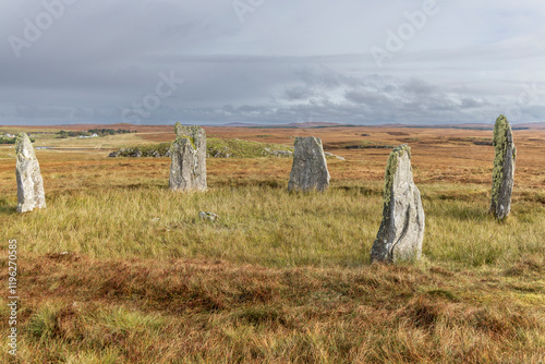Obraz na płótnie Scotland, Hebrides. Isle of Lewis, Callanish. Callanish (Calanais) Stones. Neolithic era standing stones. Moorland. w salonie