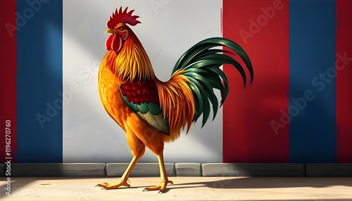 Realistic Rooster with Blue, White, Red color Background in Wall