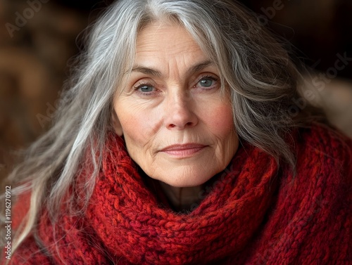A close-up portrait of a serene woman with long, silver hair wearing a warm red knitted scarf.