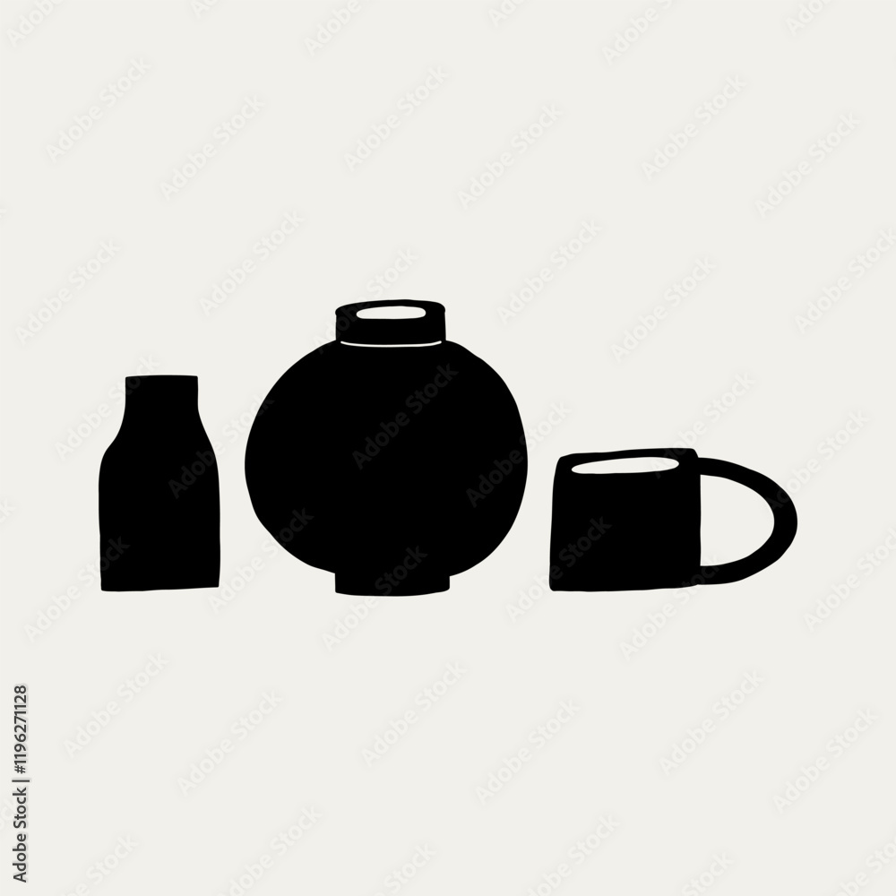 Obraz premium Handmade Aesthetic Clay Pottery Ceramic Utensil Black Silhouette. Different Pottery Shape Silhouette Decor. Hand Drawn Vector Illustration