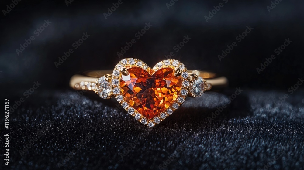 Unique orange gemstone ring with a heart design and diamond accents, displayed on a dark velvet surface for a striking contrast Unique orange gemstone ring with a heart design and diamond accents, displayed on a dark velvet surface for a striking contrast