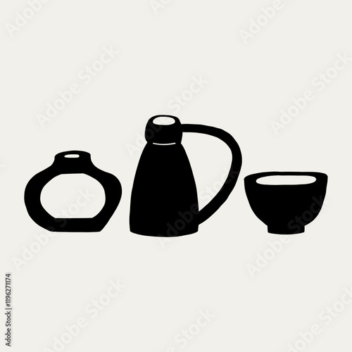 Handmade Green Clay Pottery Ceramic Utensil Black Silhouette. Different Pottery Shape Silhouette Decor. Hand Drawn Vector Illustration