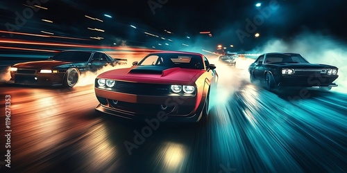 three cars speed drag racing on the road at night