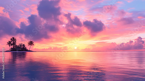 Serene sunset over a tropical island. Pink and purple hues paint the sky, reflecting on the calm ocean. Palm trees silhouette against the vibrant colors.