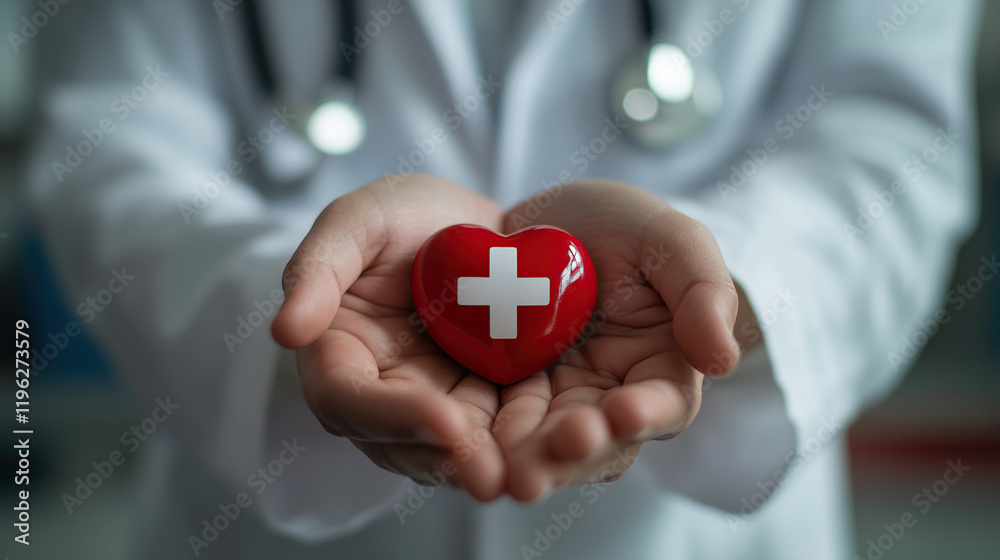 Heart with medical cross in doctor’s hands Heart with medical cross in doctor’s hands