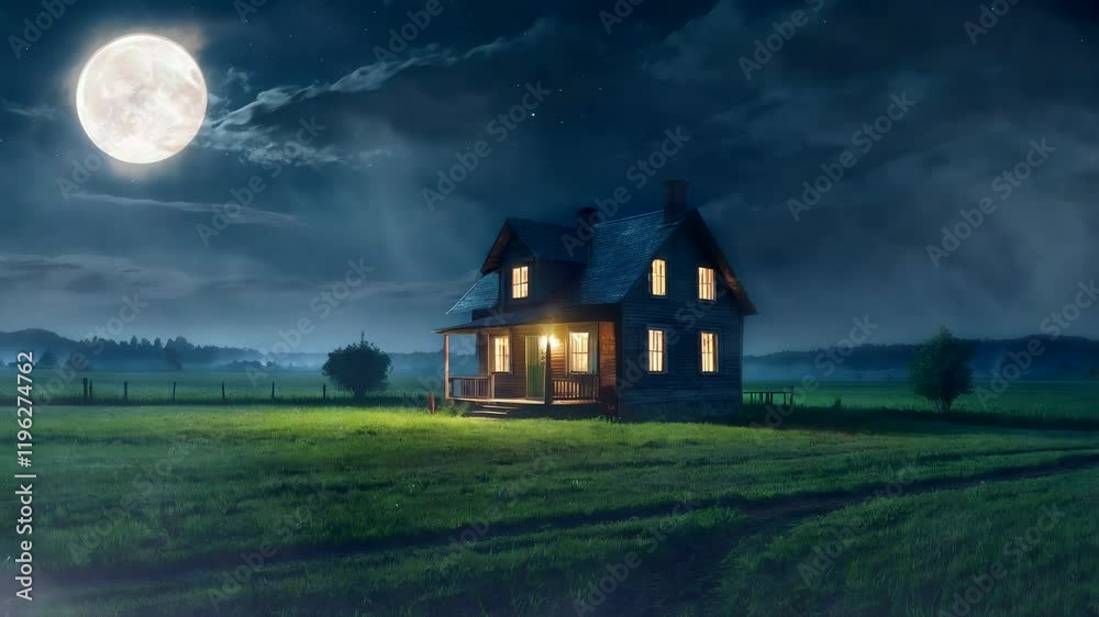 A small house is situated in a vast, grassy field with a large glowing moon in the sky above it. The scene is calm and tranquil with the house and the moon providing a sense of solitude A small house is situated in a vast, grassy field with a large glowing moon in the sky above it. The scene is calm and tranquil with the house and the moon providing a sense of solitude