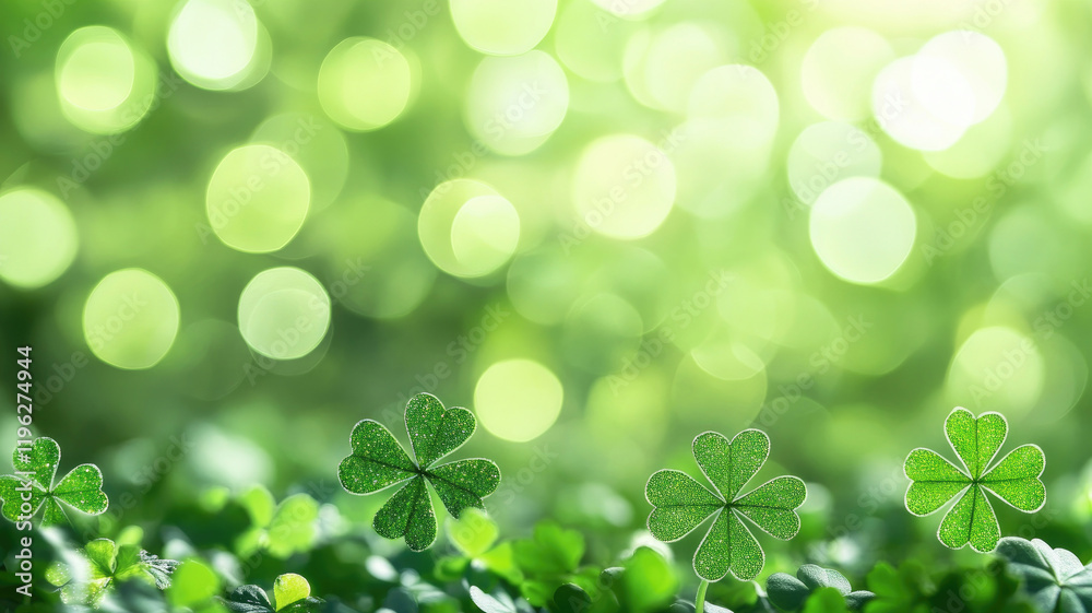 Bright green clover leaves with fresh morning dew and a soft glowing bokeh background Bright green clover leaves with fresh morning dew and a soft glowing bokeh background