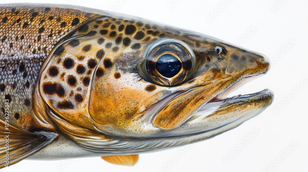 A close-up of a brown trout with intricate speckles and a detailed eye, set against a clean white background A close-up of a brown trout with intricate speckles and a detailed eye, set against a clean white background