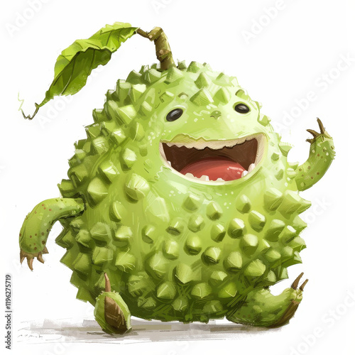 Happy Cherimoya Mascot with Green Scaly Exterior and Leaf