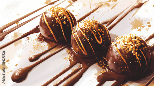 Indulge in the rich decadence of gourmet chocolate truffles drizzled with molten chocolate, showcasing shimmering golden details that elevate any dessert experience. Velvetfern. Illustration