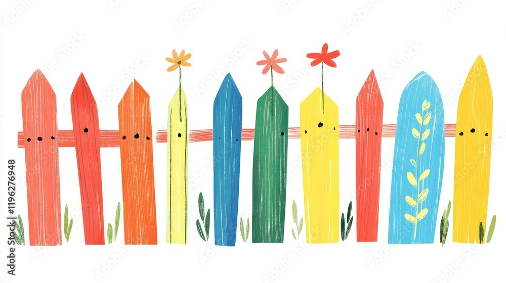 A collection of brightly colored picket fences with unique designs, perfect for children illustrations, on white. A collection of brightly colored picket fences with unique designs, perfect for children illustrations, on white.