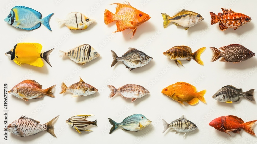 Obraz premium A collection of freshly caught fish neatly displayed on a white backdrop for seafood lovers