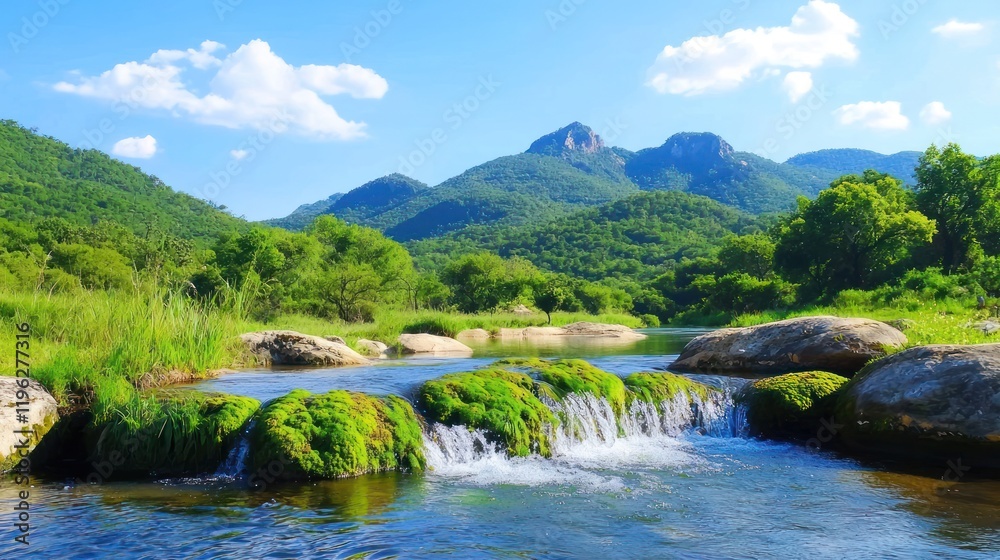 Scenic river flowing through lush greenery and mountains. Scenic river flowing through lush greenery and mountains.