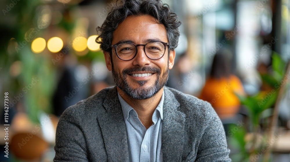 Fototapeta premium Smiling man in a cozy caf? with blurred background, enjoying a moment of relaxation