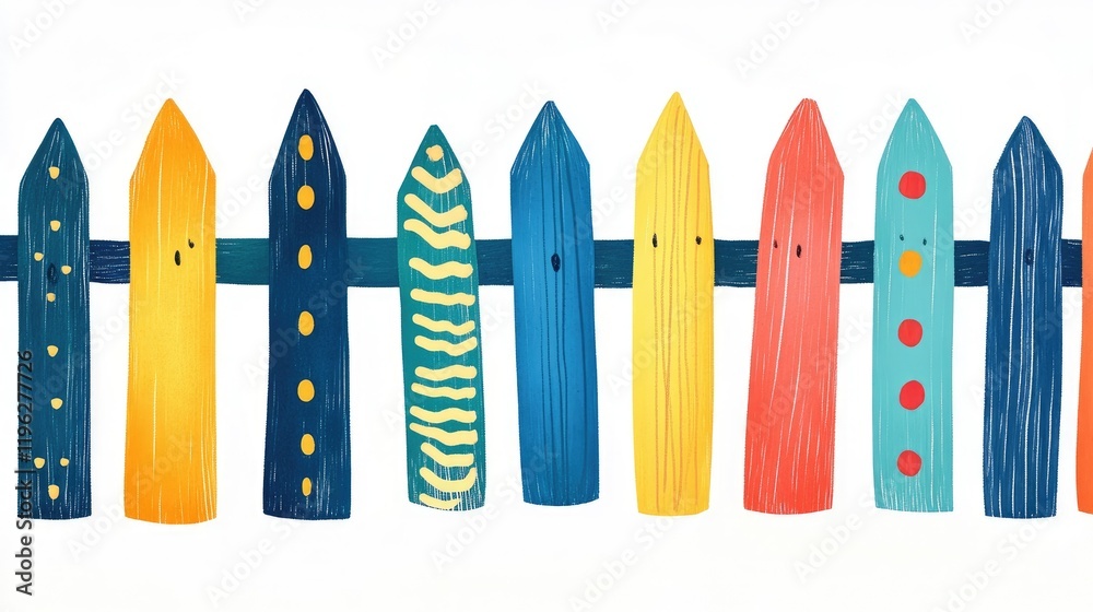 A colorful clipart set of picket fences with playful patterns and a clean, minimal white background. A colorful clipart set of picket fences with playful patterns and a clean, minimal white background.