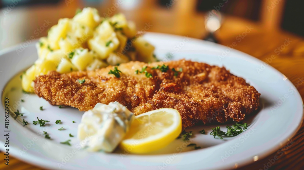 Hearty German Schnitzel with Crispy Breaded Pork and Side Dish Hearty German Schnitzel with Crispy Breaded Pork and Side Dish
