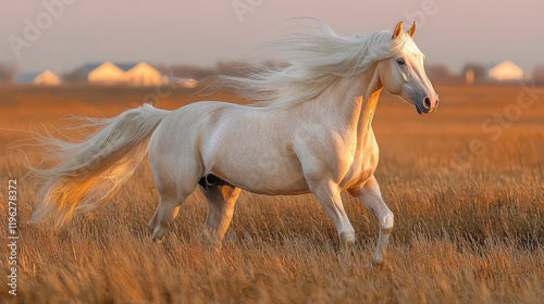 Palomino stallion running in golden field at sunset, long flowing mane and tail. photo