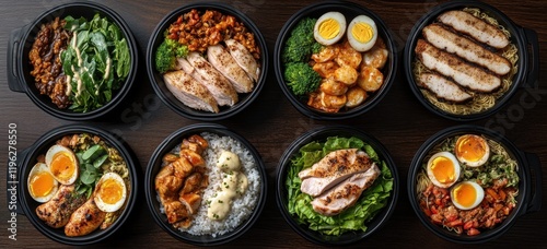Assorted healthy meal prep bowls on wood