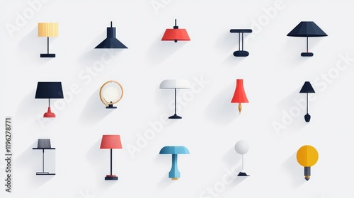 A curated set of flat lighting fixture icons, showcasing sleek and creative designs on a bright white surface. photo