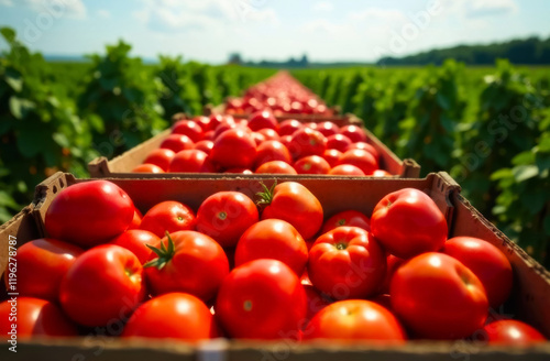 freshly picked ripe tomatoes lie in cardboard boxes