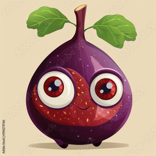 Joyful Fig Mascot with Big Eyes and Leafy Top in Vibrant Colors