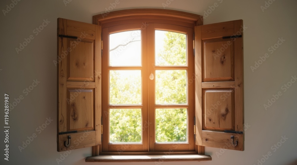 Open shutters, traditional wooden shutters slightly ajar Open shutters, traditional wooden shutters slightly ajar