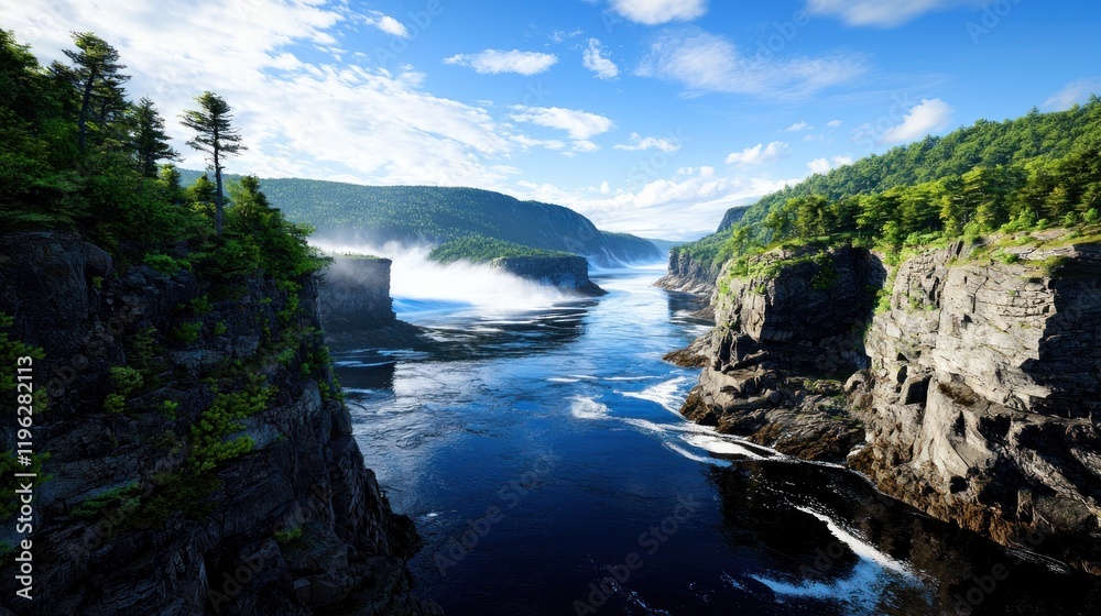 Serene river landscape with cliffs and lush greenery under blue skies. Serene river landscape with cliffs and lush greenery under blue skies.