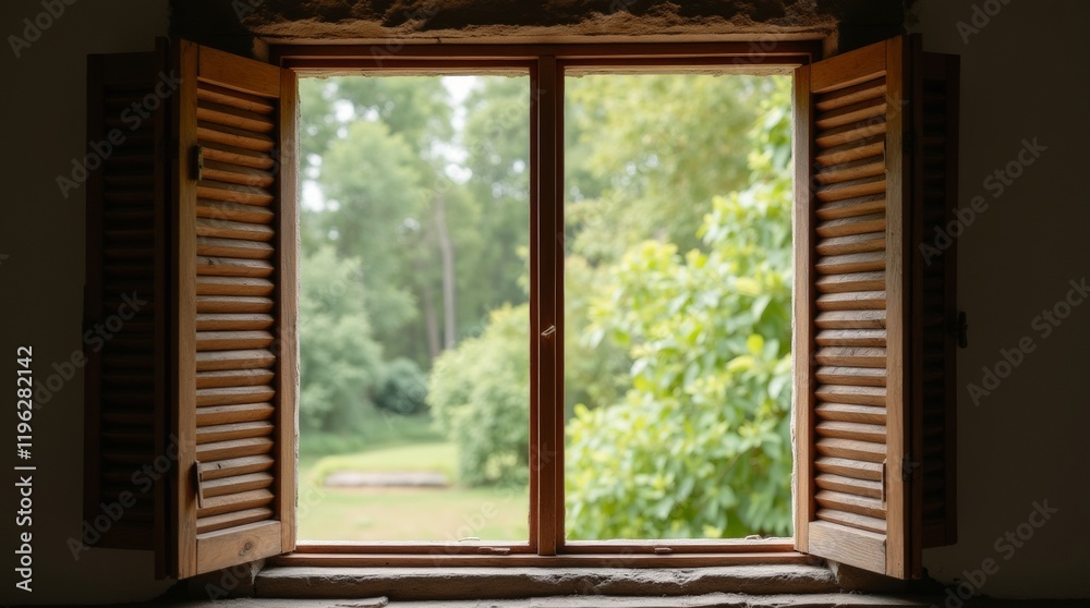 Obraz premium Rustic open window, weathered wooden frame