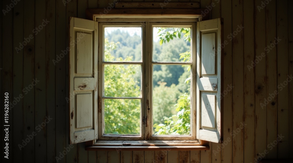 Fototapeta premium Rustic open window, weathered wooden frame