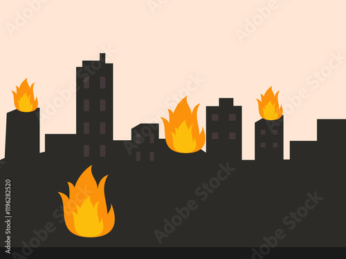 The image depicts a city skyline engulfed in flames
