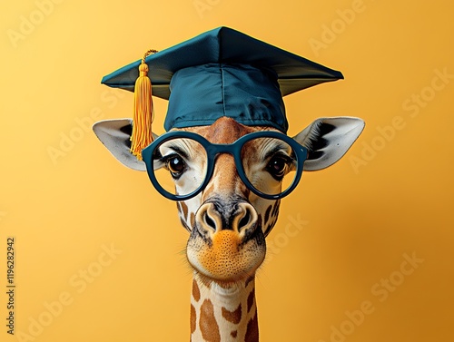 A giraffe wearing a graduation cap and glasses, symbolizing education and intelligence.