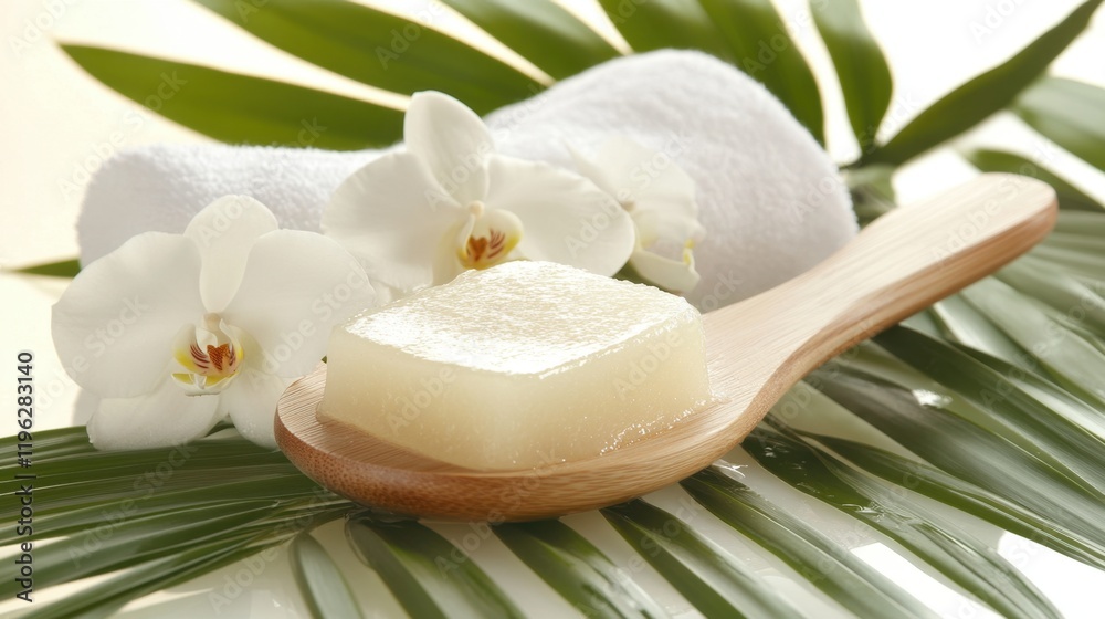 A tranquil spa setup featuring sugar paste on a spatula, orchids, palm leaves, and white towels, emphasizing beauty and relaxation.