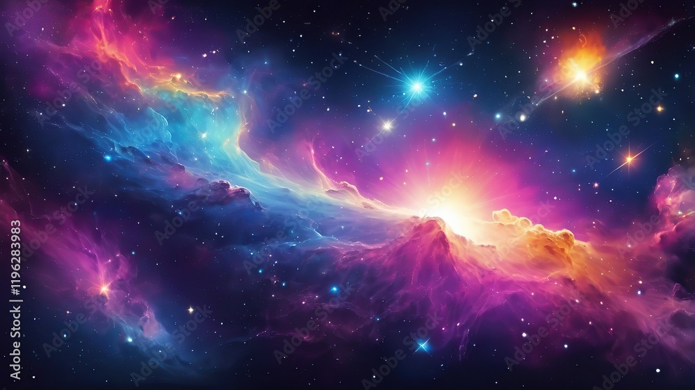 Naklejka premium Cosmic-inspired vector with vibrant galaxies, stars, and a glowing nebula effect.