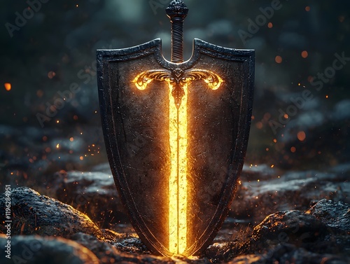 Glowing Sword and Shield Crossed   Conceptual Imagery of Justice Protection and Judgment photo